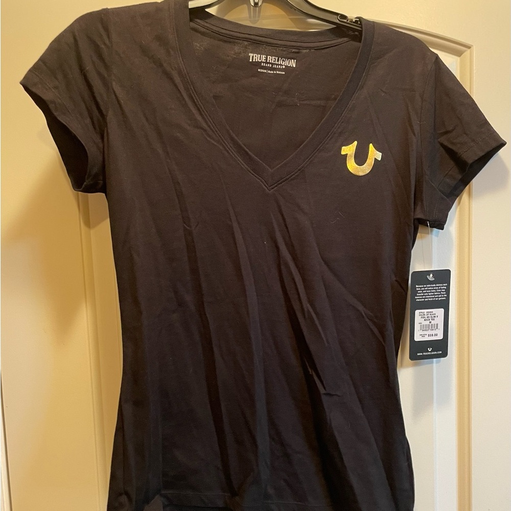 True Religion Black V Neck Tee with Gold size M